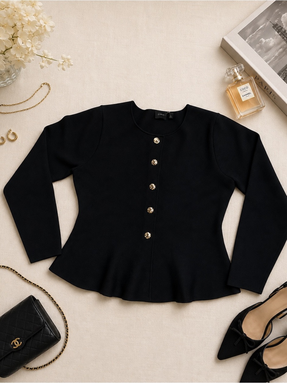Cyrus Black Peplum Jacket Gold Buttons Size L